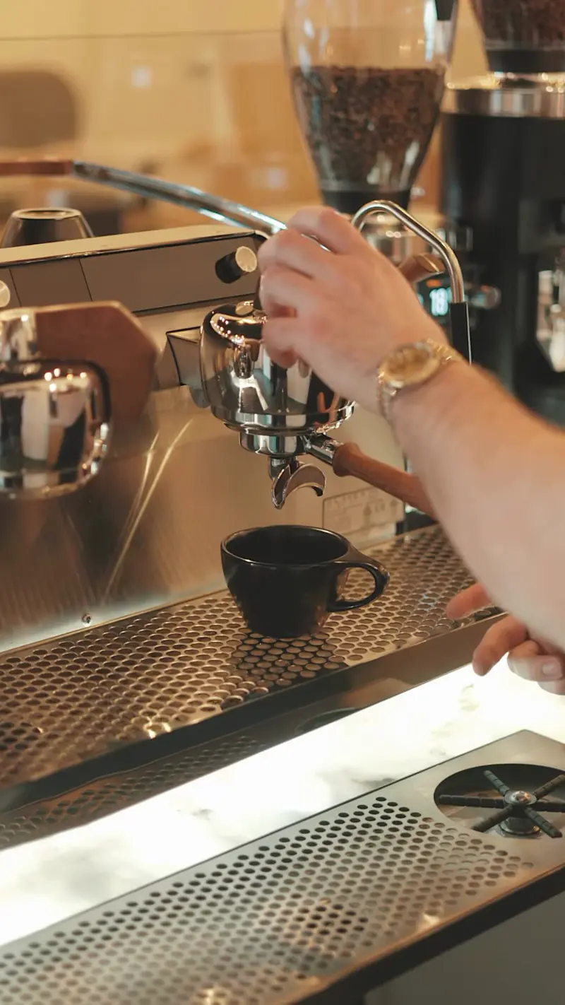 Barista pulling an espresso shot at the Kiki Kafé espresso bar