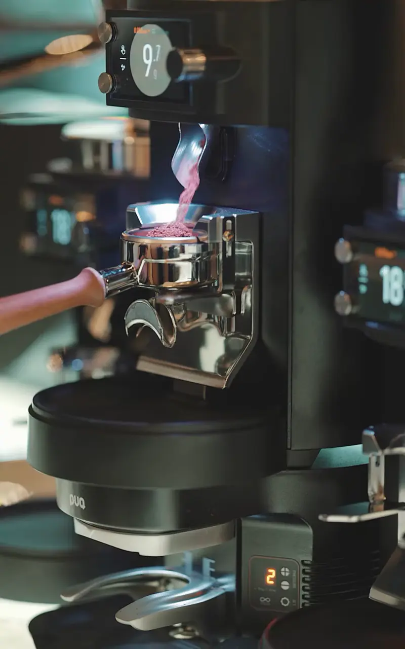 Espresso grinder dosing fresh grounds into a portafilter at Kiki Kafé