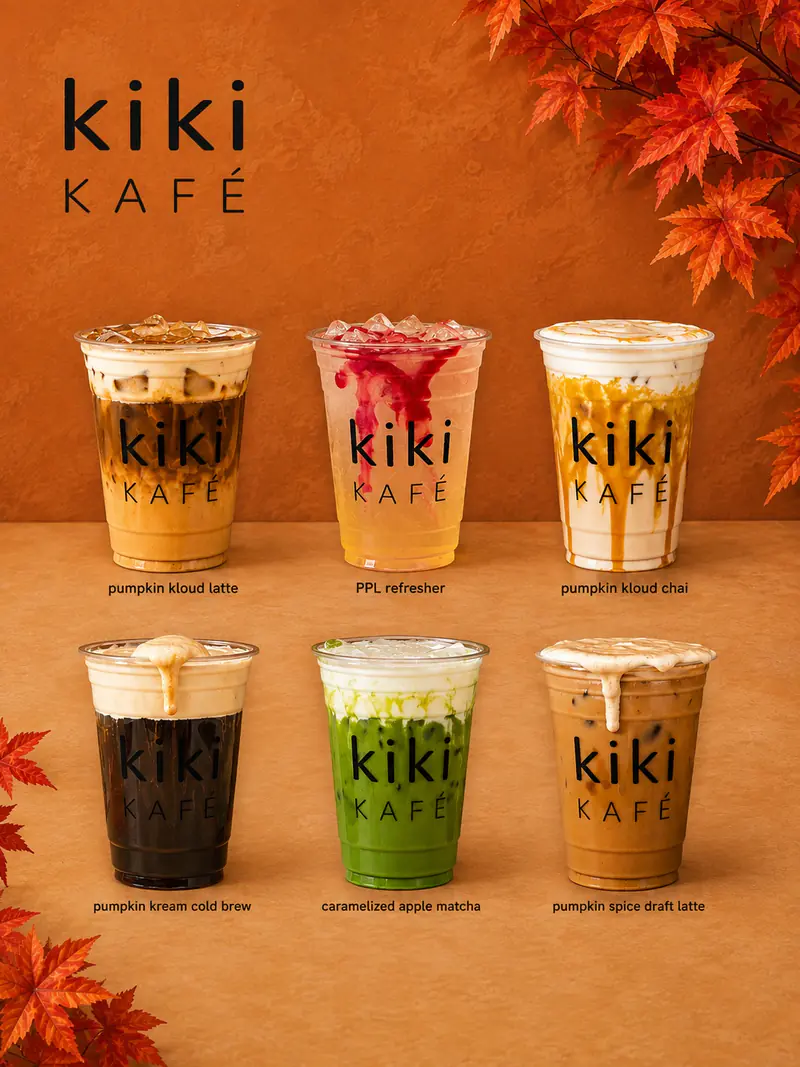 Kiki Kafé fall 2026 menu card: pumpkin kloud latte, PPL refresher, pumpkin kloud chai, pumpkin kream cold brew, caramelized apple matcha, pumpkin spice draft latte